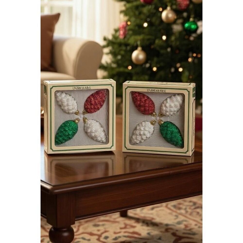 Vintage Trim A Home Unbreakable Pinecone Ornaments Set of 8 Glitter Holiday